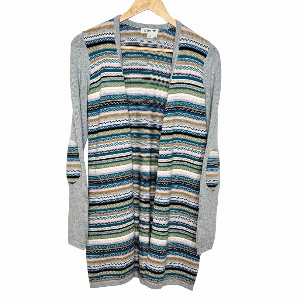 Orvis Striped Elbow Patch Cardigan Womens XS Fisherman Granola Indie Merino Wool